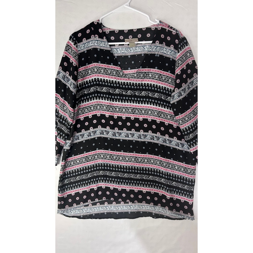 Loft Outlet Womens Medium Black Pink Floral Border Print V-Neck 3/4 Sleeve Top
